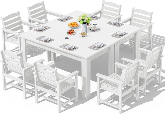 SERWALL Patio Dining Sets for 8, Outdoor Dining Sets for 8 Person with 2 Umbrella Hole Cut-Out Rectangular Tables and 8 Chairs, HDPE Dining Sets for Garden, Backyard, Poolside, White
