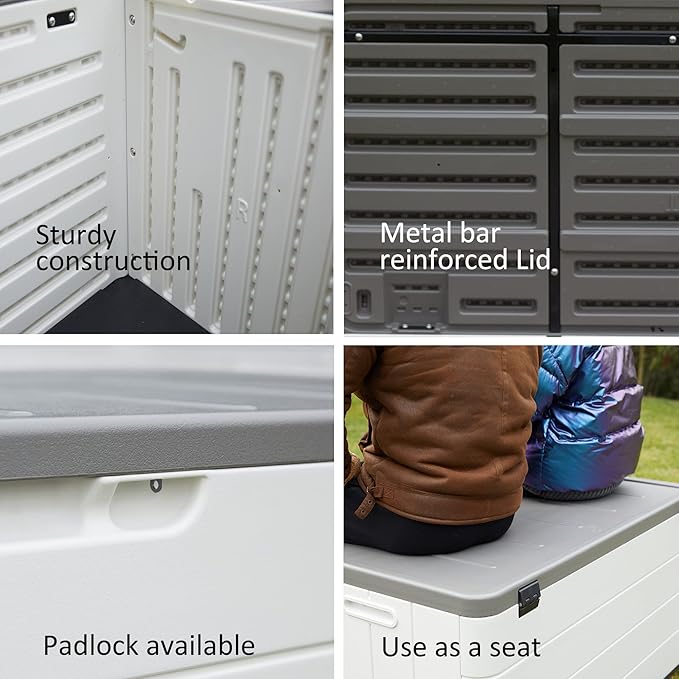 110 Gallon Outdoor Deck Box, Outside Storage Box Waterproof for Cushion Storage, Garden Tools, Lockable Outdoor Storage Bin, Light Beige