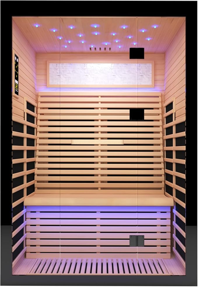 2 Person Infrared Sauna Home Indoor Sauna Canadian Hemlock Wooden Dry Sauna Room Low EMF 2160W with Oxygen Bar, 7 Color Therapy 53.1" x 47.2" x 74.8"