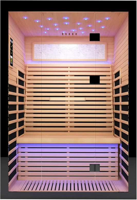 2 Person Infrared Sauna Home Indoor Sauna Canadian Hemlock Wooden Dry Sauna Room Low EMF 2160W with Oxygen Bar, 7 Color Therapy 53.1" x 47.2" x 74.8"