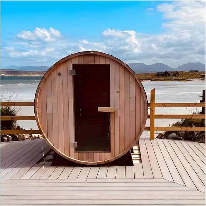 ZONEMEL Outdoor Barrel Sauna Room, Canadian Red Cedar Wood Steam Sauna with 4.5KW ETL TOULE Heater, Sauna Stove, Bitumen Roof, Water Bucket, Rocks,195℉, 220V, Light (Cedar, 3-4 Person)