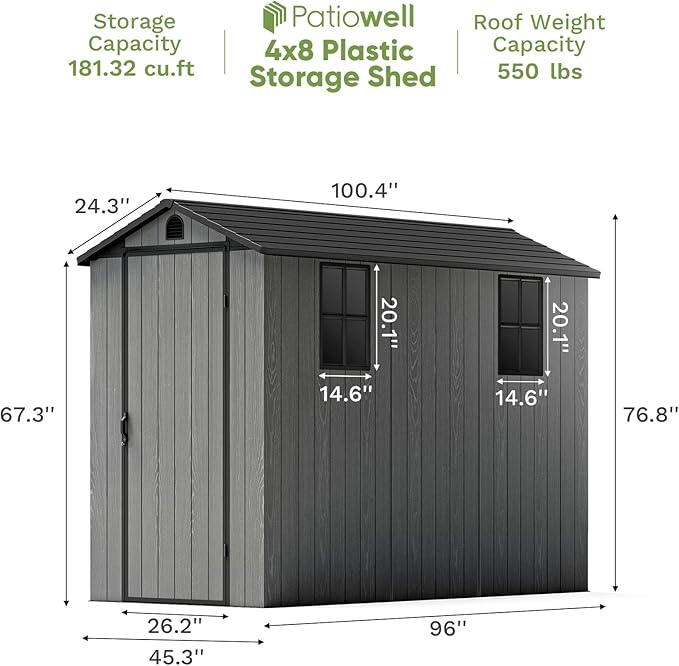 Patiowell 4 x 8 FT Plastic Outdoor Storage Shed with Floor, Garden Tool Shed with Two Windows and Single Lockable Door for Garden, Backyard, Lawn, Easy to Install (Deep Grey) (Fit-it Shed)