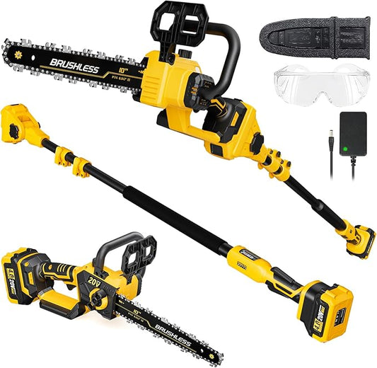 2-in-1 Electric 10-Inch Pole Saw and Chainsaw, Battery Powered Chainsaw Pole Chain Saw, Brushless Motor, 14.5 FT Max Reach Extension Pole for Outdoors Pruning with 1×4.0ah Battery (Battery Included)