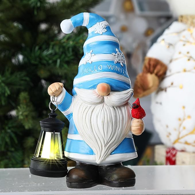 Tuanse 8" Hello Winter Christmas Gnome Decorations for Outdoor Resin Garden Gnome Holding Lantern with Solar Lights and Cardinals Snowflakes Figurine for Porch Christmas Outdoor Patio House Decoration