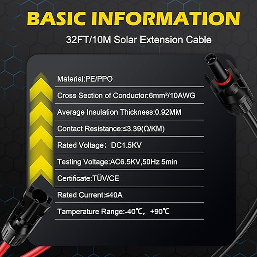 32Ft Solar Cable Solar Extension Cable,10AWG Solar Panel ExtensionCable with Female and Male Connectors,Waterproof Solar ExtensionCable Kit (Red and Black).