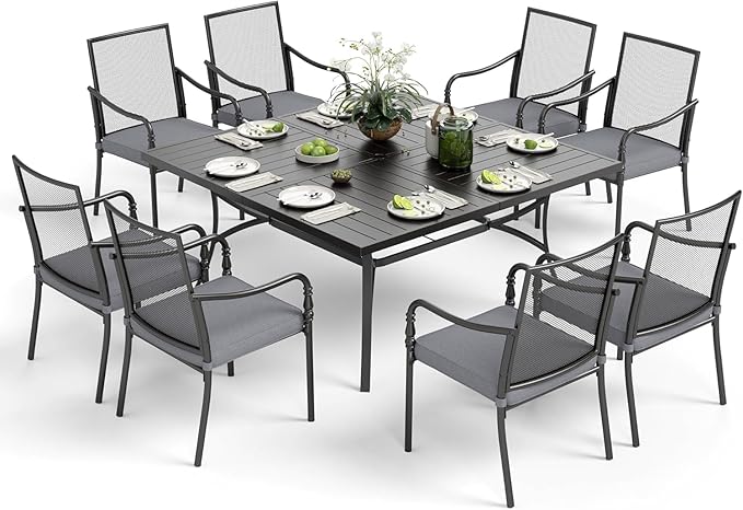 Patio Table and Chairs Set of 8, All Weather Breathable Metal Mesh Patio Chair with Gourd-Shaped Armrests, 60x60 Square Table with Umbrella Hole, 9 Pcs Metal Frame Patio Dining Set