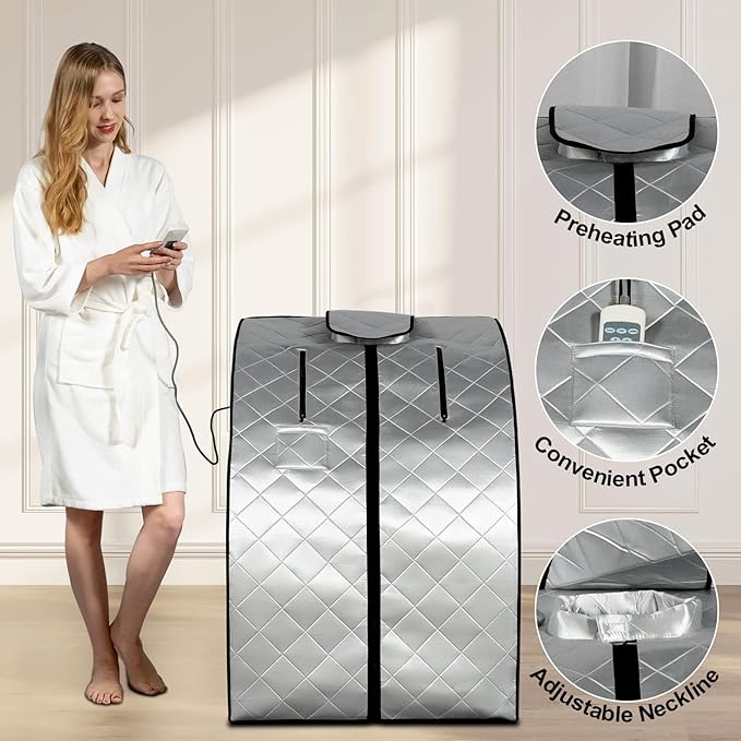 Smartmak Far Infrared Sauna, Full Body One Person SPA Set with Portable Time & Tempreture Remote Control, Heating Foot Pad and Foldable Reinforced Chair(L 27.6’’ x W 31.5’’ x H 37.8’’) - Black Border