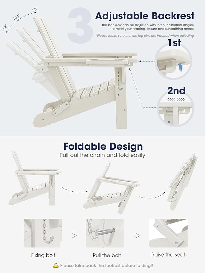 KINGYES Adjustable Folding Adirondack Chair with Footrest & 4-in-1 Multi-Functional Armrest Organizer Set of 2, HDPE Foldable Reclining Adirondack Chair with Pull-Out Ottoman, White
