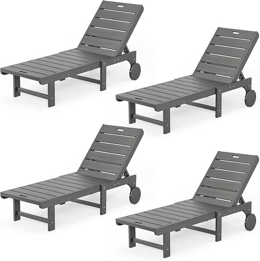 Outdoor Chaise Lounge Chairs Set of 4, 26.8” Super Wide Lounge Chair Outdoor, HDPS Pool Chairs with 5 Positions, Patio Lounge Chair with Wheels for Pool,Lawn,Backyard, Dark Gray