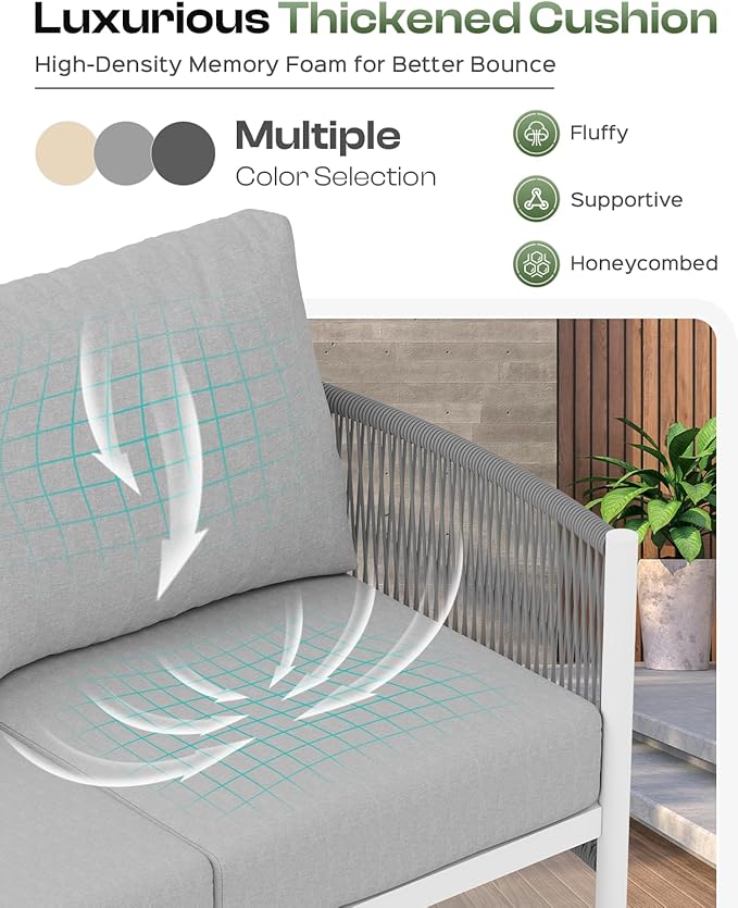 Aluminum Outdoor Patio Furniture Set, HDPE Rope 4 Piece Modern Sectional Conversation Sets with Dual-Layer Coffee Table, All Weather Patio Couch Sofa with Thick Cushions, White Frame, White