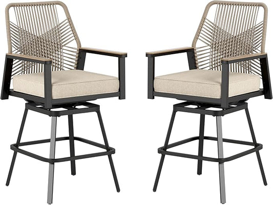 HERA'S HOUSE Outdoor Swivel Bar Stools Set of 2, High Top Patio Chairs with All Weather Cushion Pro Fabric, Bistro Set for Backyard, Lawn Garden, Balcony,Poolside