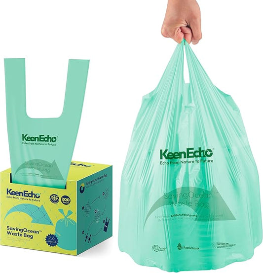 2.6 Gallon 200 Counts Small Green Trash Bags with Handle, Ocean Fishing Nets Upcycling, Sage & Sea Salt Scented, Plastic Garbage Bags, Waste Bag for Kitchen, Bathroom, Office and Pets