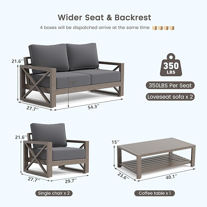 UDPATIO 4 Piece Faux Wood Aluminum Patio Furniture Set Modern Patio Conversation Set with Coffee Table for Balcony, Backyard, Deck, 600D Waterproof Furniture Cover Included, Dark Grey