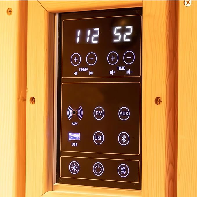Far Infrared Wooden Sauna, Luxurious Canadian Hemlock Sauna with 2 Oversize Recliners, 220V, 3400 W, 9 Heating Element, Bluetooth Speakers, 7 Color Light, Oxygen Bar-Fast Delivery