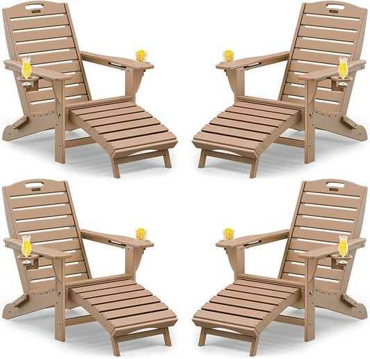 Folding Adirondack Chairs Set of 4,Adirondack Chair with Retractable Ottoman,Plastic Adirondack Chairs with 2 Cup Holder,Weather Resistant Patio Chair,Outdoor Chairs Set of 4(Teak)