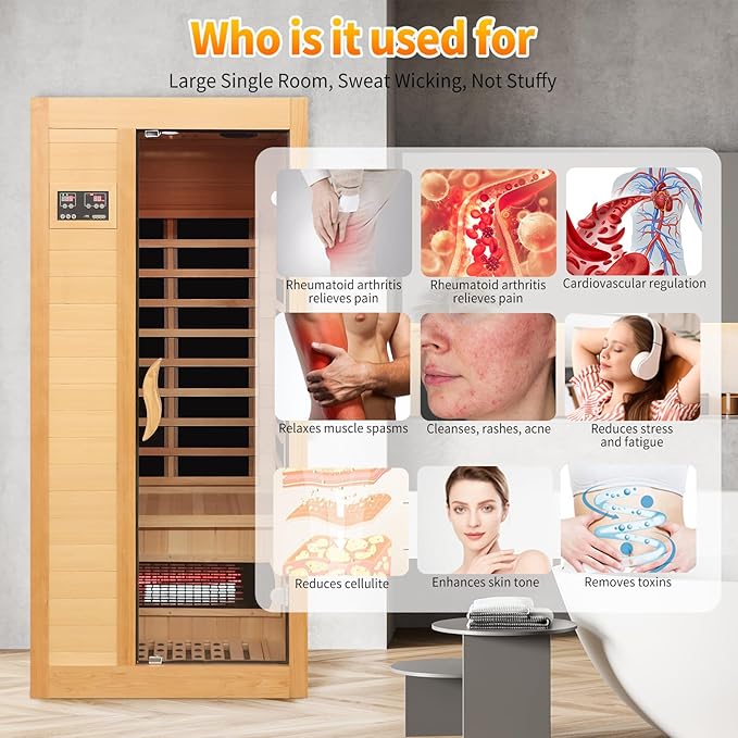 Far Infrared Sauna Home Low EMF, 1-2 Person Home Sauna Hemlock Wood Red Light Sauna with LED Control Panel, Tempered Glass Door, LED Reading Light and Speaker