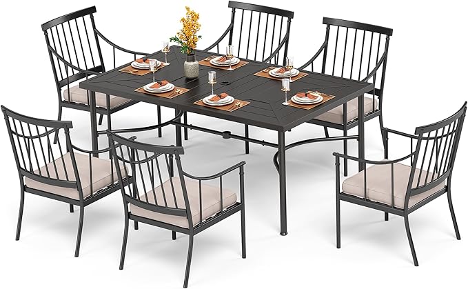 PHI VILLA 7 Piece Outdoor Dining Set for 6, 64" Metal Steel Dining Table with Umbrella Hole & Cushioned Iron Chairs for Patio, Yard, Porch, Deck