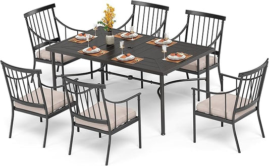PHI VILLA 7 Piece Outdoor Dining Set for 6, 64" Metal Steel Dining Table with Umbrella Hole & Cushioned Iron Chairs for Patio, Yard, Porch, Deck