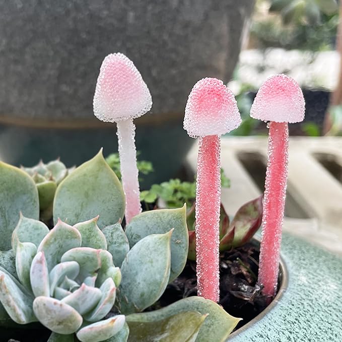 Handmade Glittery Pink Resin Clay Mini Mushrooms - 8Pcs Fairy Garden Decor with Frosted Beads, Miniature Terrarium Ornaments & Desk Plant Accessories Holiday Ornaments & Desktop Decorations