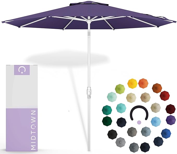 Midtown Umbrellas The Swilt 8 Feet Patio Umbrella in Sunbrella Bengali Purple Acrylic Fabric - Fiberglass Ribs, Auto-Tilt Aluminum Frame For Backyard, Deck, Garden, Pool - White Pole