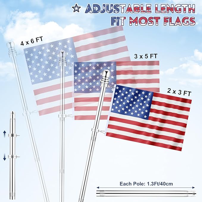 REERON Flag Pole for House, 6 FT Stainless Steel Spinning Flag Pole Kit, 1" Rustproof Porch Flagpole with 360° Tangle Free Metal Flagpole Rings & 2-Position Bracket for Outdoor Sport for 3x5 Flags