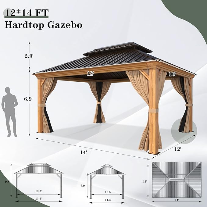 YOLENY 12' x 14' Hardtop Gazebo, Wooden Finish Coated Aluminum Frame Gazebo with Galvanized Steel Double Roof, Outdoor Permanent Metal Pavilion with Curtains and Nettings for Patio, Lawn & Garden
