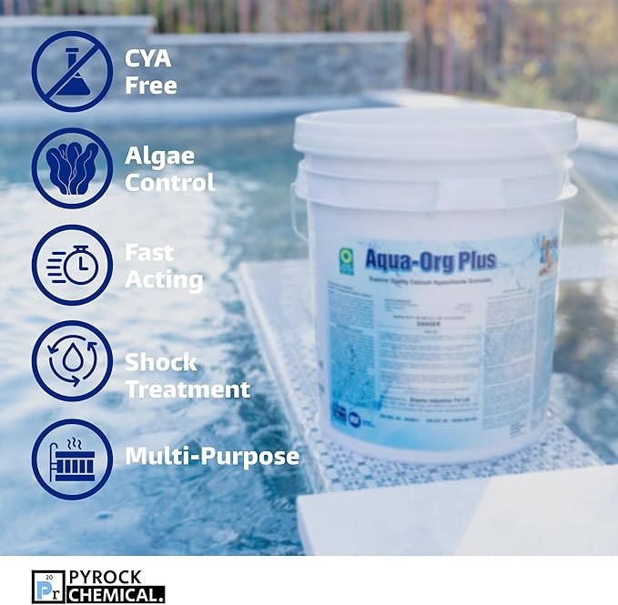 Pool Shock by Aqua Org Plus - 65% Granular Cal Hypo - Swimming Pool Shock for In-Ground, Above Ground, Spas & Hot Tubs - 50 Pound Pail