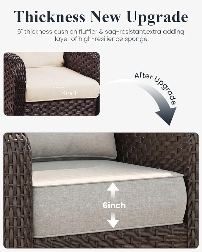 LayinSun 7 Piece Wicker Outdoor Furniture Set with 6-inch Comfy Cushions, High Back Patio Furniture Set with Rattan Armchairs and Fire Pit Table