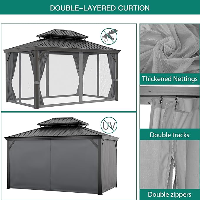 18'x12' Hardtop Gazebo, Heavy Duty Aluminum Permanent Hardtop Gazebo Outdoor Pavilion with Curtains and Netting for Garden (Gray, 18'x12')