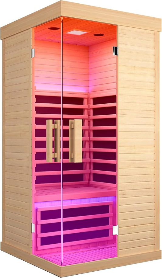Sauna Room Indoor Far Infrared Saunas Home Canadian Hemlock 1420W Low-EMF Dry Saunas Single Person Spa with Oxygen Bar 7 Color Therapy 33.5 * 33.5 * 70.8 inch