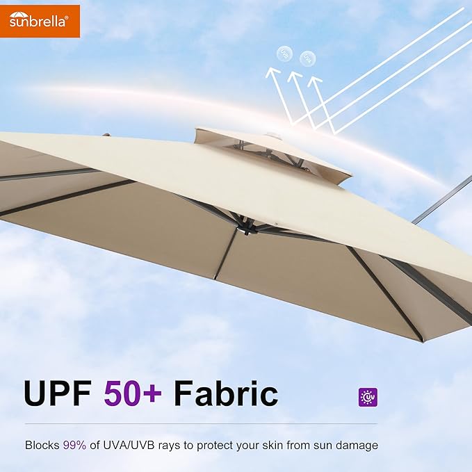PURPLE LEAF 10 Feet Sunbrella Cantilever Umbrella Outdoor Double Top Large Offset Hanging 360° Rotation Square Umbrella for Garden Patio Deck Pool Backyard Spectrum Sand