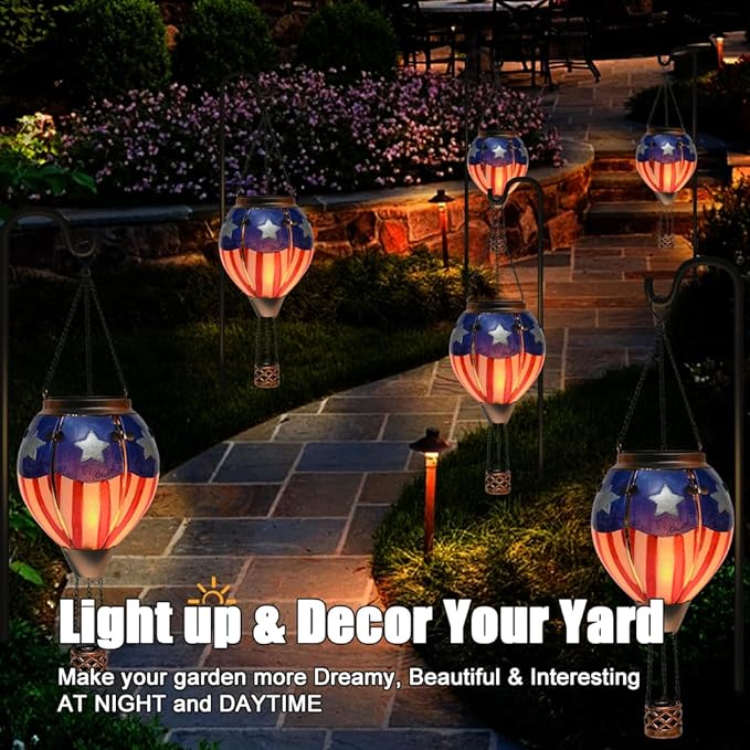 Hot Air Balloon Solar Lantern - U.S Flag Patriotic Glass Lantern, Simulated Flickering & Dancing Flame, Outdoor Hanging Yard Light Waterproof IP65, Ideal 4th of July Gift for Patriot Patio Decor
