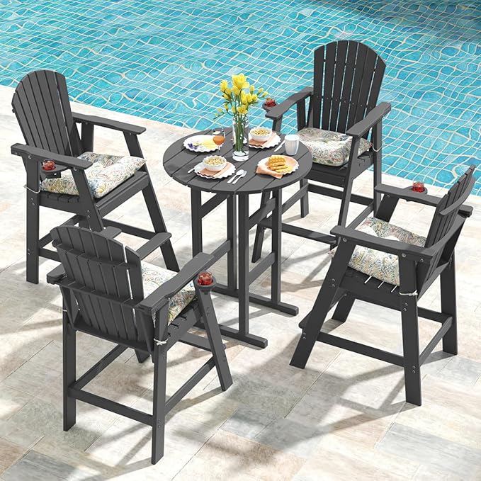 Sundale Outdoor Adirondack Round Bar Table, 39 Inch Height Patio Large Pub Table for 4, All Weather HDPE High Top Bistro Counter Tabl for Outside Deck Porch Balcony Poolside, Gray