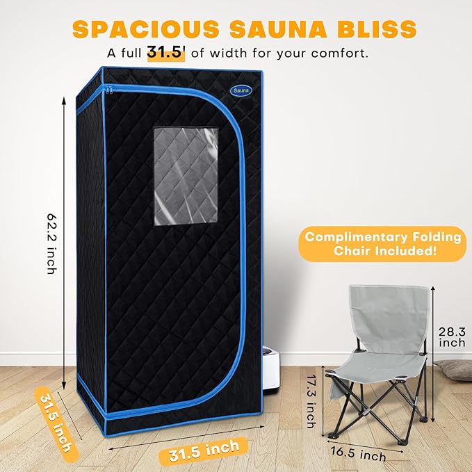 Portable Steam Sauna Tent Full Size, Oversized Personal Sauna Kit for Home Spa, Lightweight Sauna Box with Steamer, Time & Temperature Remote Control, Foldable Chair, 32'' x 32'' x 63''