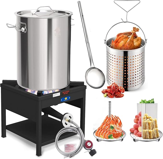 ARC 32QT Seafood Boiling Kit, 200,000BTU Propane Burner and 36" Large Spoon, Crawfish Boil Pot w/Basket and Steamer Rack, Outdoors Cooking and Steaming, Large Turkey Fryer Pot, Lobster Shrimp Pot
