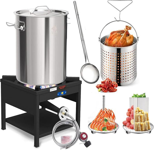ARC 32QT Seafood Boiling Kit, 200,000BTU Propane Burner and 36" Large Spoon, Crawfish Boil Pot w/Basket and Steamer Rack, Outdoors Cooking and Steaming, Large Turkey Fryer Pot, Lobster Shrimp Pot