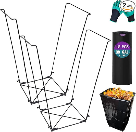 2PCS Trash Bag Holder Outdoor Leaf Bag Support Stand with 15 PCS 39 Gallon trash bags | Metal Garbage Bag Frame Holder for 30-45 Gallons Bags for Camping, Leaves, Gardening Parties