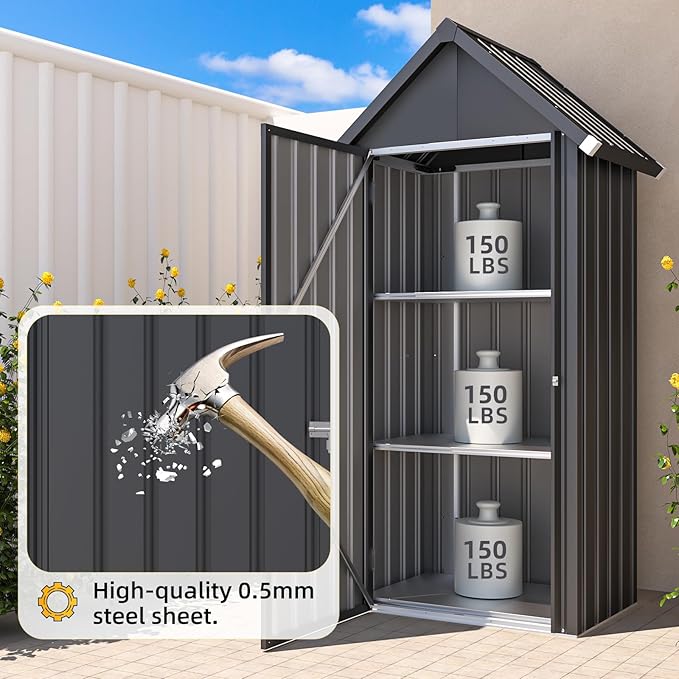 AECOJOY Outdoor Storage Cabinet Waterproof, Vertical Tall Outdoor Storage Cabinet with Shelves, All Weather Metal Vertical Storage Shed & Outdoor Cabient for Garden in Dark Grey