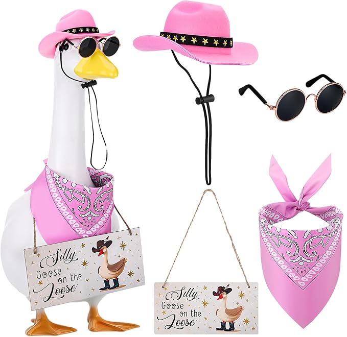 Western Cowboy Porch Goose Outfits, Lawn Cement Plastic Goose, Silly Goose on The Loose Wood Cowboy Hat Bandana Glasses (Pink)