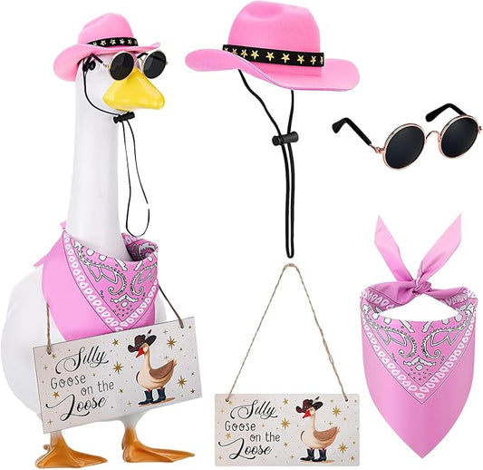 Western Cowboy Porch Goose Outfits, Lawn Cement Plastic Goose, Silly Goose on The Loose Wood Cowboy Hat Bandana Glasses (Pink)