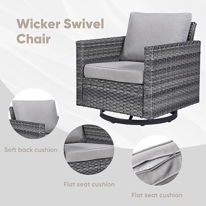 Wicker Patio Furniture Set, 6 PCS Outdoor Patio Furniture Set with Swivel Chairs, Includes 2 Swivel Patio Chairs, 1 Outdoor Couch, 1Side Table and 2 Ottoman, Grey/Grey