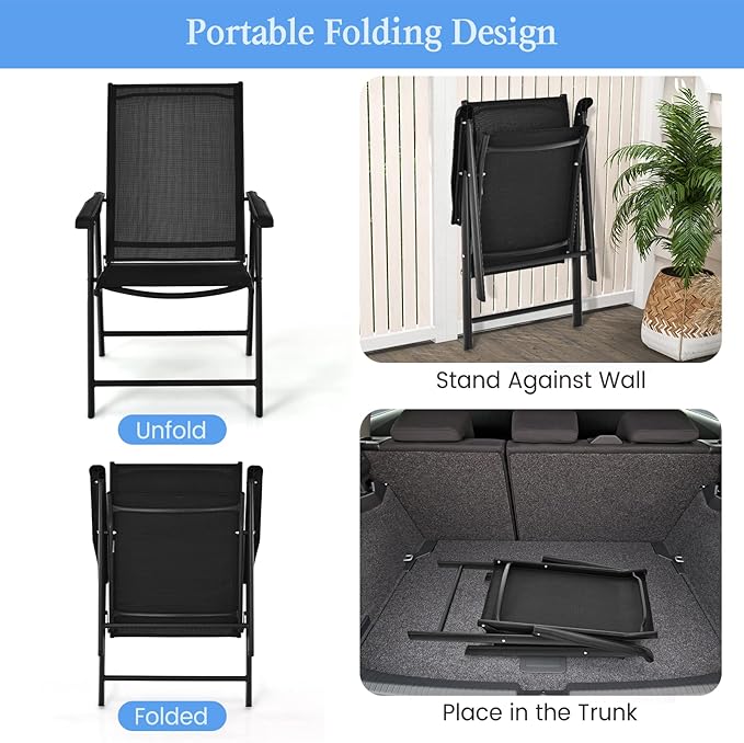 S AFSTAR Folding Patio Chairs Set of 6, Metal Textilene Patio Dining Chairs with Armrests, 6 Pack Portable Sling Chairs Outdoor Lawn Chair for Garden Backyard Porch Deck, 330LBS Load (Black)