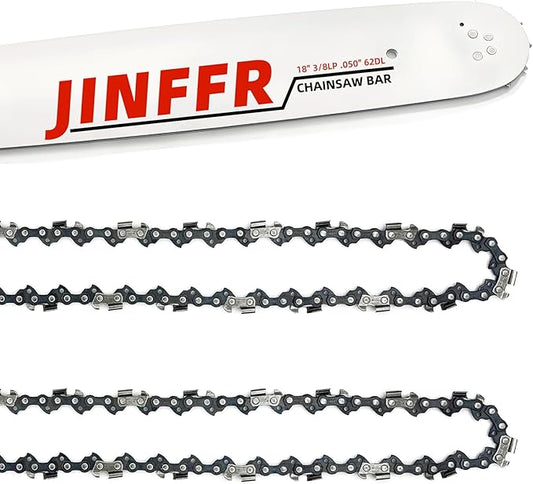 18 Inch Chainsaw Bar & Chain Combo 3/8" LP Pitch .050" Gauge 62 Drive Links 18" Replacement Chain Low-Kickback Chainsaw Chains Compatible with Echo, Poulan, Craftsman and More (2Chains + 1Bar)