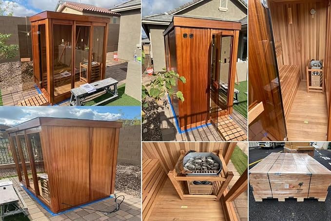 ZONEMEL Customize Outdoor Steam Sauna, Red Cedar,Hemlock, Multiple Sizes & Panel Options, Harvia Electric,Wood Stove, Single Double Bench, Triple Waterproof System, (0-195℉)