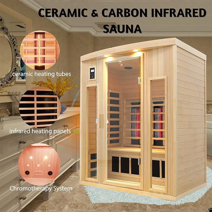3 Person Infrared Sauna, Ceramic Infrared Sauna 3 Person, Far Infrared Saunas for Home, Low EMF Infrared Indoor Sauna, Hemlock Wooded Sauna Room, Bluetooth Speakers, Chromotherapy Lights