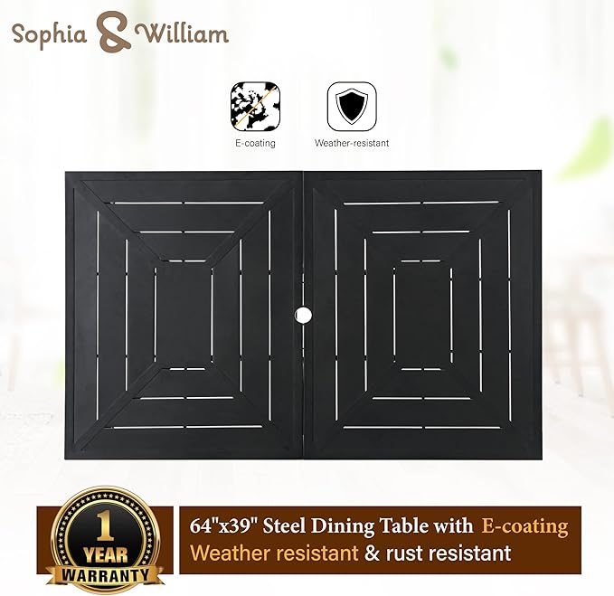 Sophia and William Outdoor Patio Dining Set for 6, Outdoor Table and Chairs, Removable Seat Cushions, 64" Black Patio Dining Table