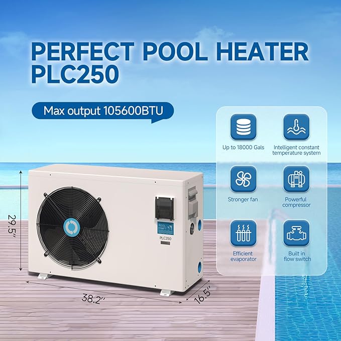 Max105600 BTU Swimming Pool Heat Pump, for Above and In Ground Pools Up to 18000gallons, 26KW Electric Pool Heaters PLC250, Inverter Heating System, High Efficiency,208~230V/60Hz