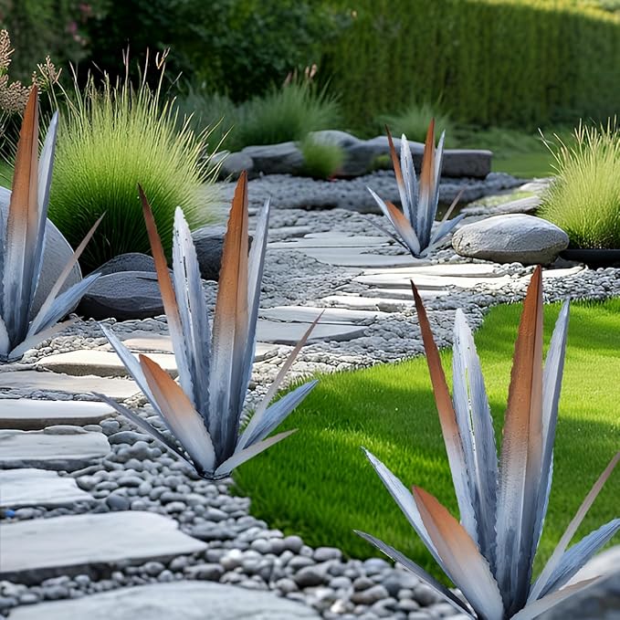 EROCK 2 Pcs Tequila Rustic Sculpture, Wind Resistant Metal Agave Plant Outdoor Home Decor, DIY Rustic Hand Painted Metal Agave Garden Art Plant Country Sculpture Statue Patio Stake Lawn Ornament Gift