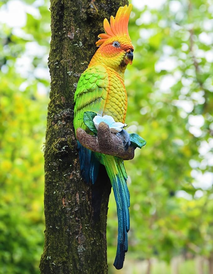 Tropical Real Hanging Parrot Decor,Resin Bird Figurines,Bird Statues,Home Ornament Decor for Tiki Bar,Perfect for Yard Ornaments,Tree Decorations Outdoor,Patio,Lawn,Tree Trunk, Porch