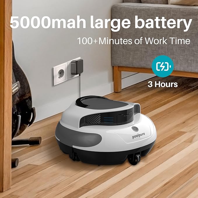 POOLPURE AquaGuard SE II Cordless Powerful Pool Vacuum (Dual Motors) 5000mAh Battery, 120-Min Non-Stop Clean Most Runtime per Dollar Auto-Clean for Flat Pools Up to 1000 Sq.Ft
